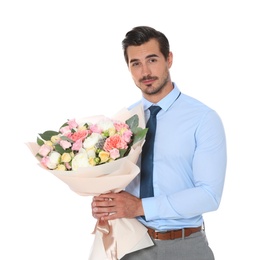 Young handsome man with beautiful flower bouquet on white background