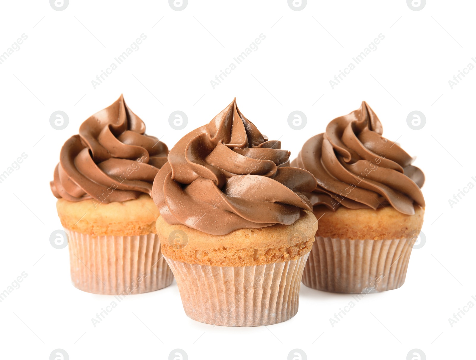 Photo of Delicious birthday cupcakes decorated with cream on white background