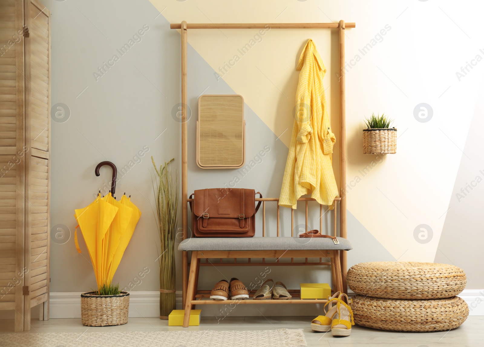 Photo of Cozy hallway interior with storage bench and stylish design elements