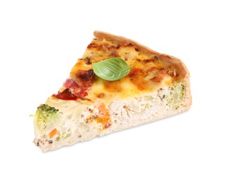 Piece of tasty quiche with chicken, cheese and vegetables isolated on white