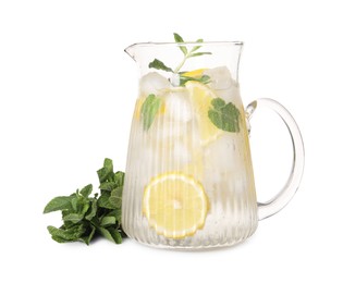 Photo of Freshly made lemonade with mint in jug isolated on white