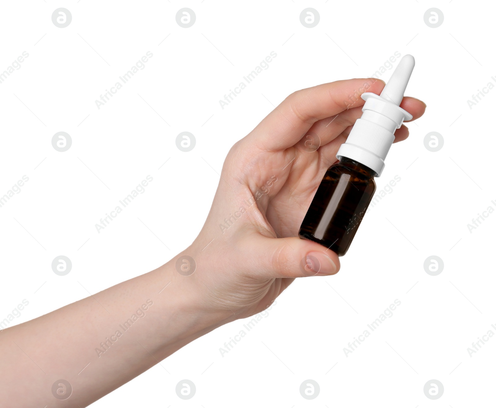 Photo of Woman holding nasal spray on white background, closeup