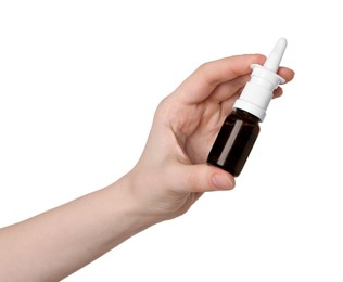 Photo of Woman holding nasal spray on white background, closeup