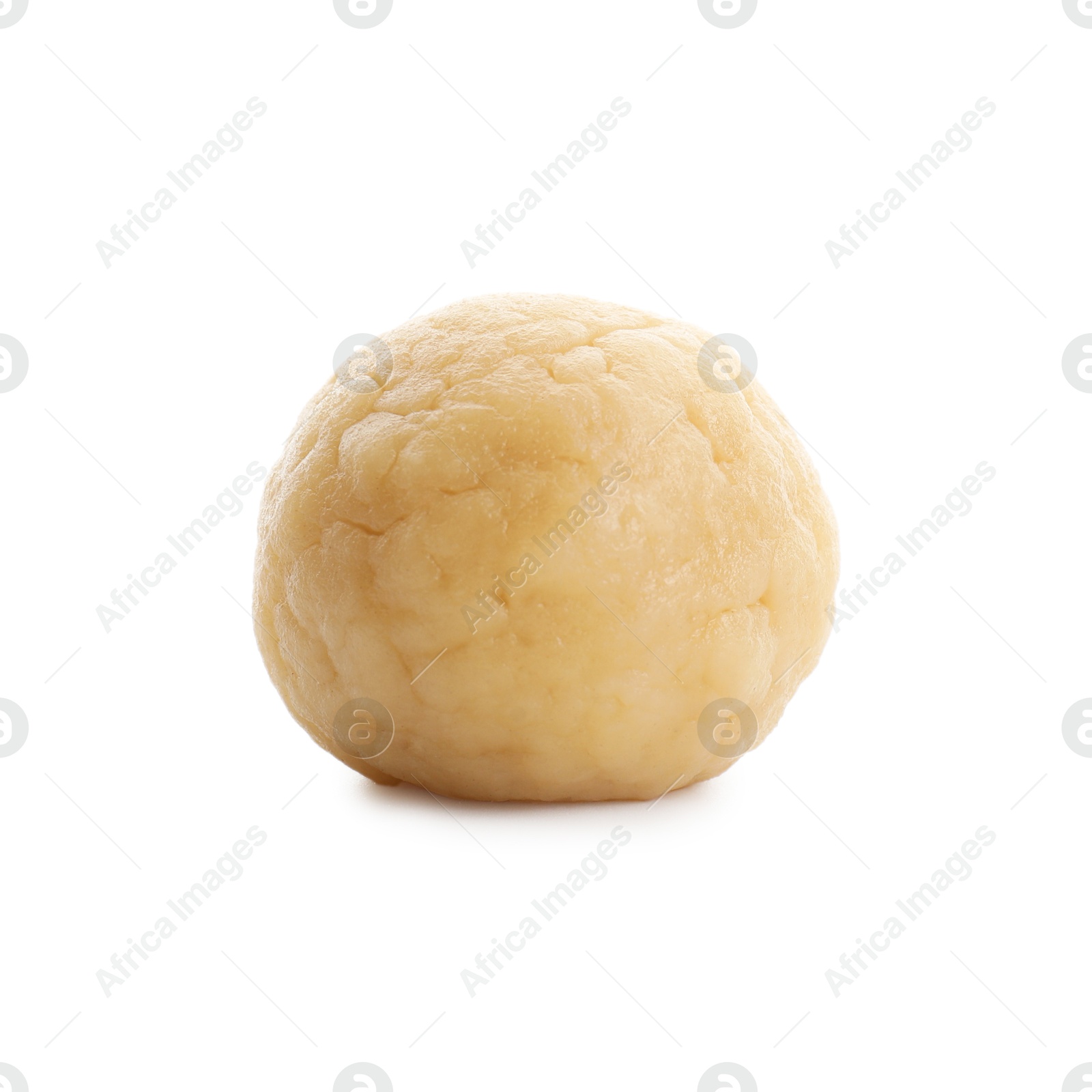 Photo of Making shortcrust pastry. Raw dough ball isolated on white