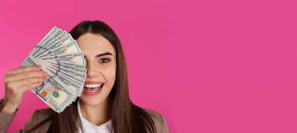 Young businesswoman with money on pink background, space for text. Banner design