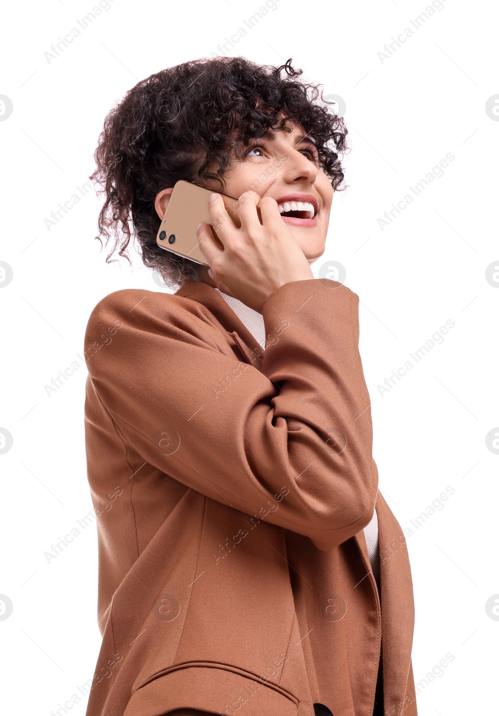 Photo of Beautiful happy businesswoman talking on white background, low angle view