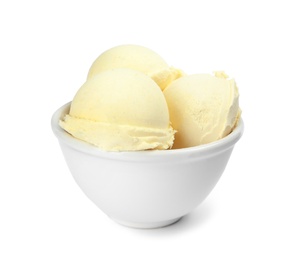 Photo of Delicious vanilla ice cream in dessert bowl on white background