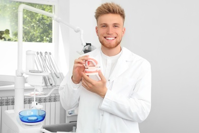 Photo of Professional dentist holding jaws model in clinic