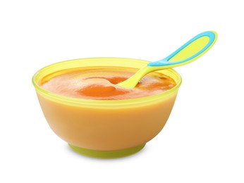 Photo of Tasty baby food and spoon in bowl isolated on white