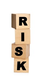 Photo of Word Risk made of wooden cubes on white background