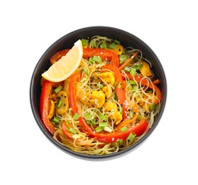 Photo of Stir-fry. Delicious cooked noodles with chicken and vegetables in bowl isolated on white, top view