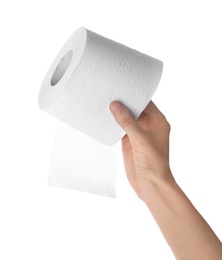 Photo of Woman holding toilet paper roll on white background. Personal hygiene