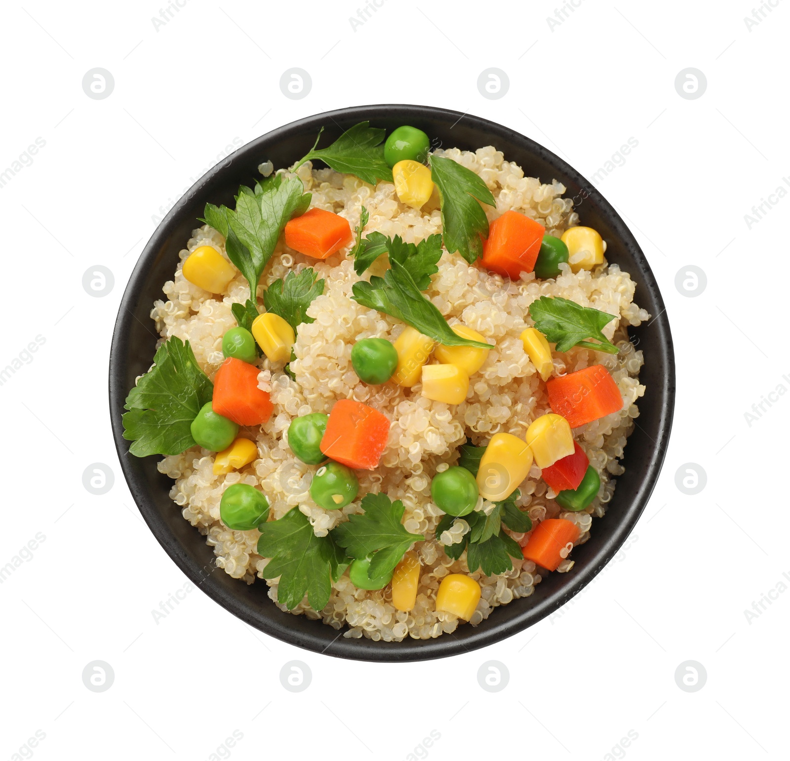 Photo of Tasty quinoa porridge with vegetables and parsley in bowl isolated on white, top view