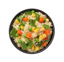 Photo of Tasty quinoa porridge with vegetables and parsley in bowl isolated on white, top view