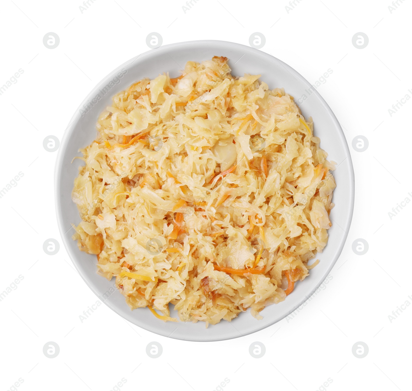 Photo of Bowl with sauerkraut isolated on white, top view