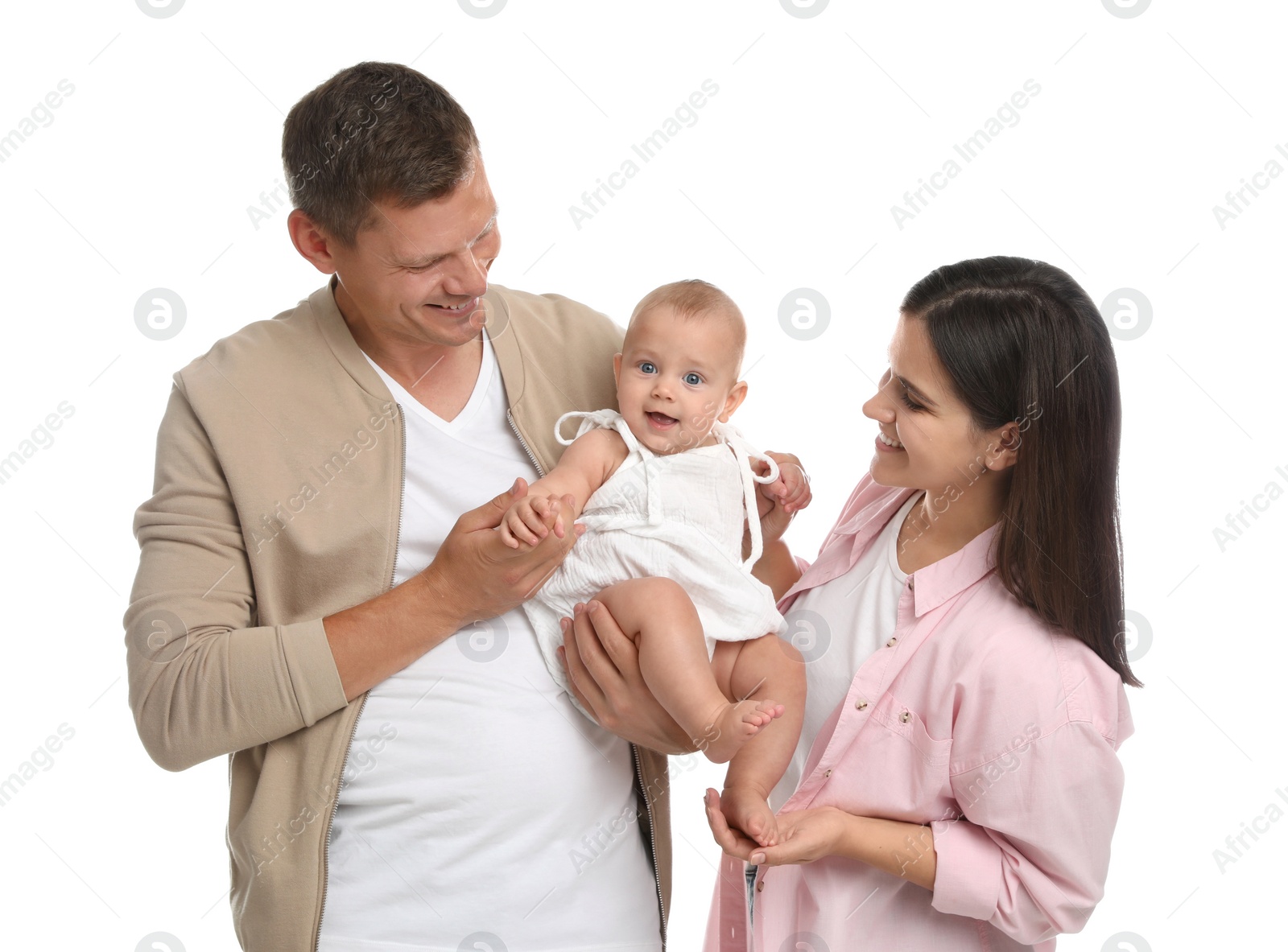 Photo of Portrait of happy family with their cute baby on white background