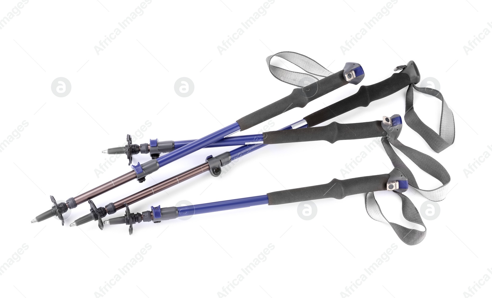 Photo of Nordic walking poles isolated on white, top view. Sports equipment