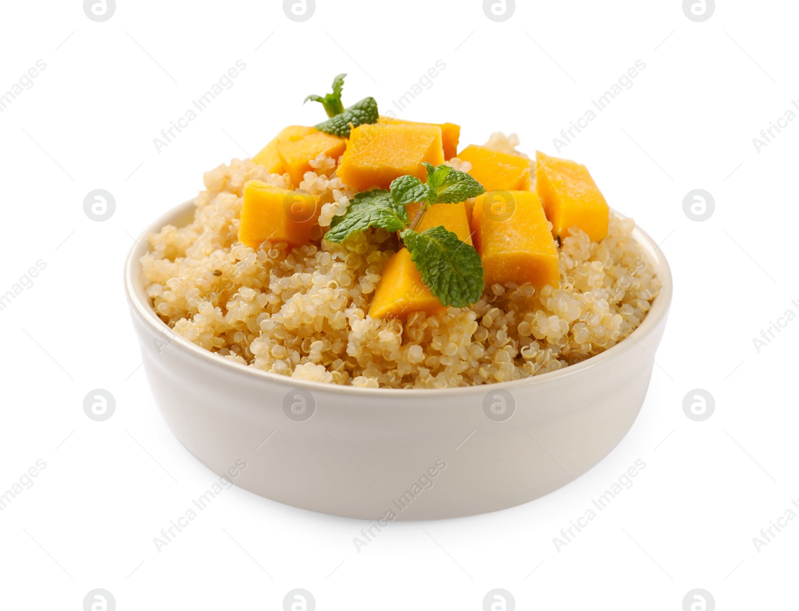 Photo of Tasty quinoa porridge with pumpkin and mint in bowl isolated on white