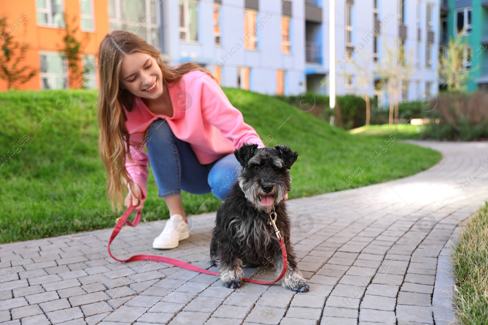 Photo of Young woman with Miniature Schnauzer dog outdoors