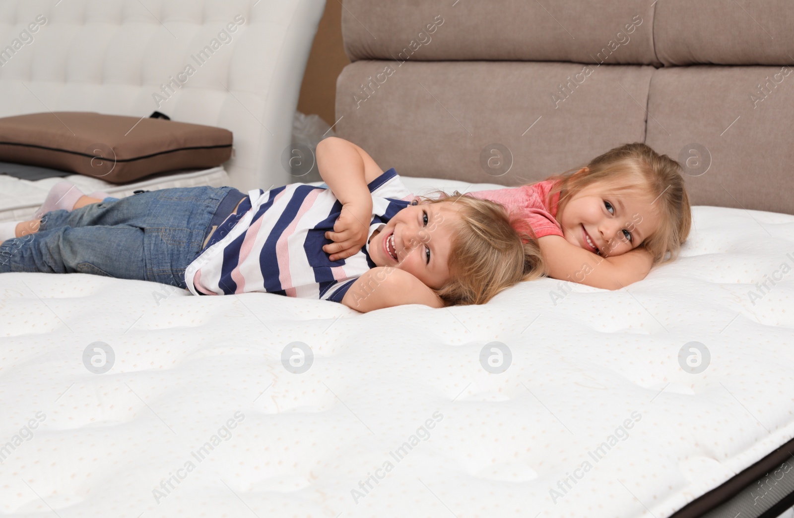 Photo of Cute little children lying on new orthopedic mattress in store