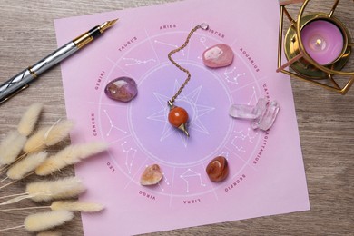 Astrology prediction. Zodiac wheel, gemstones, pendulum and burning candle on wooden table, flat lay