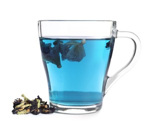 Glass cup of organic blue Anchan on white background. Herbal tea