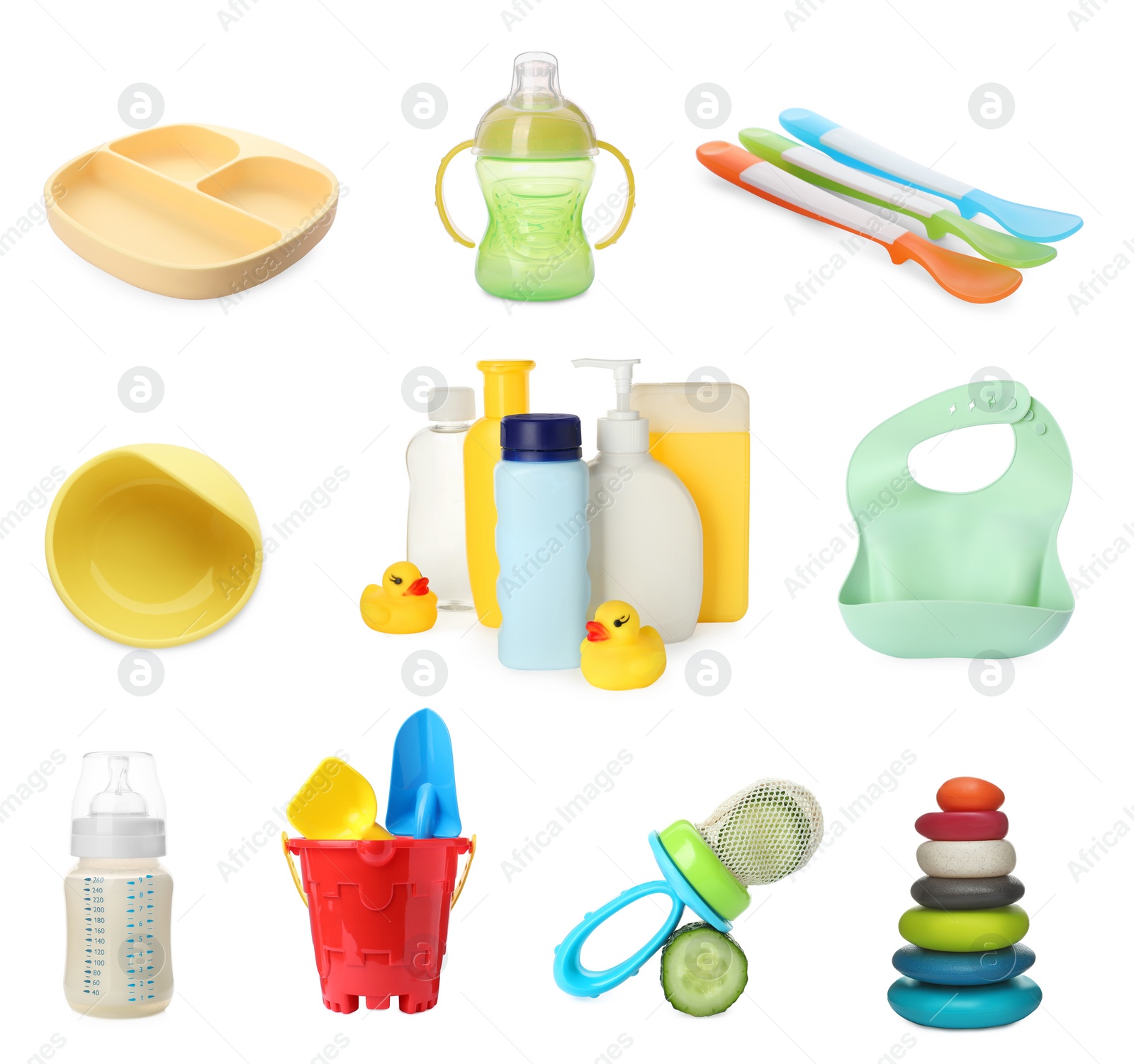 Image of Set with different stuff for baby on white background