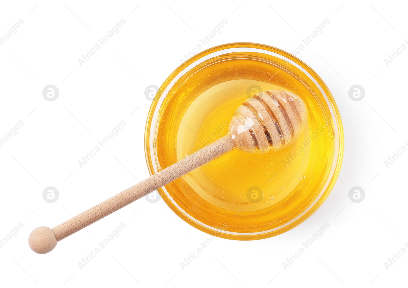 Photo of Tasty honey in bowl and dipper isolated on white, top view