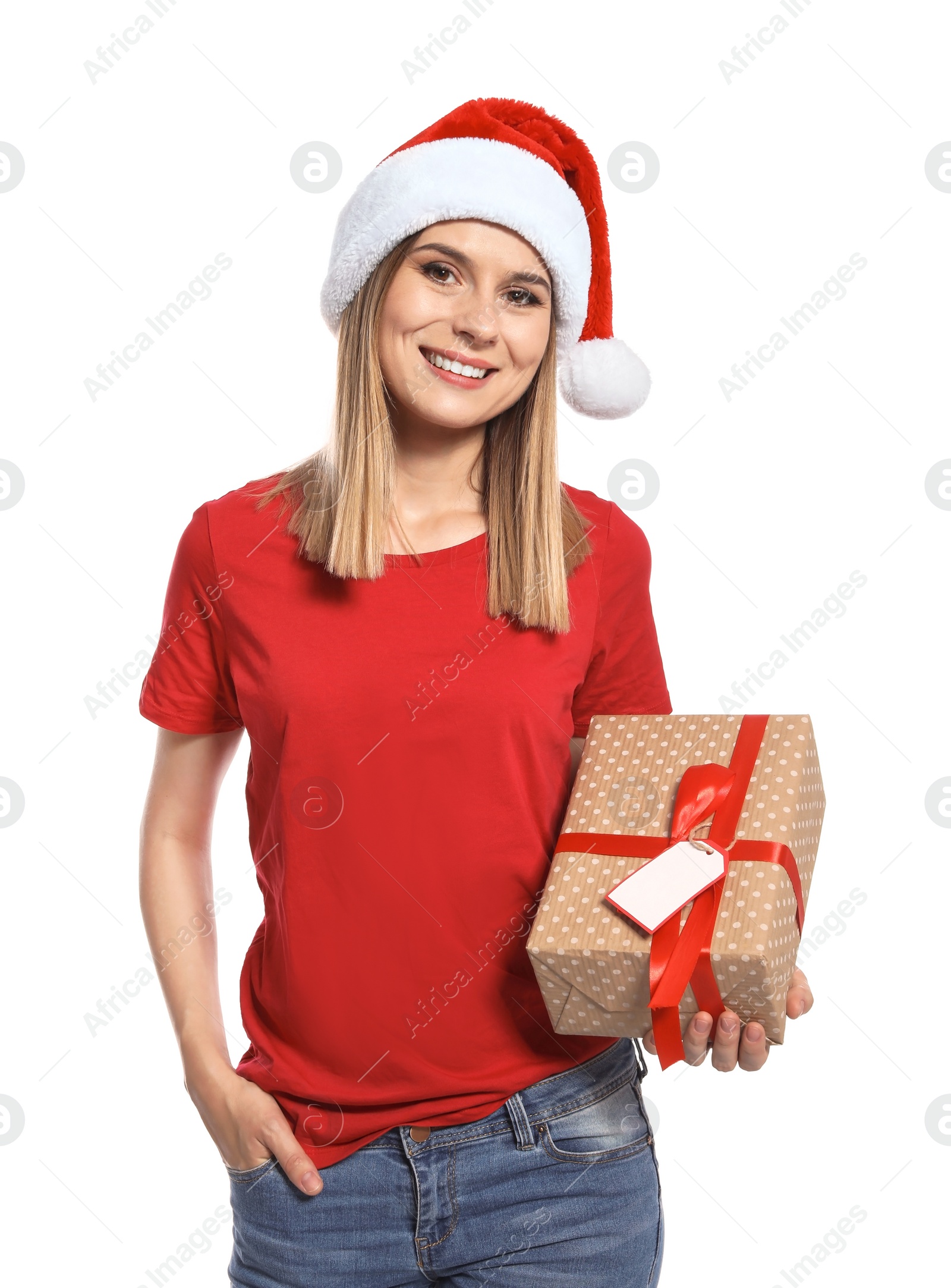 Photo of Young woman with Christmas gift on white background