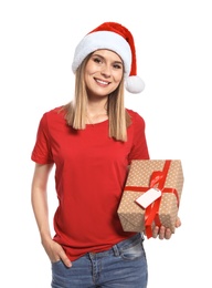 Photo of Young woman with Christmas gift on white background