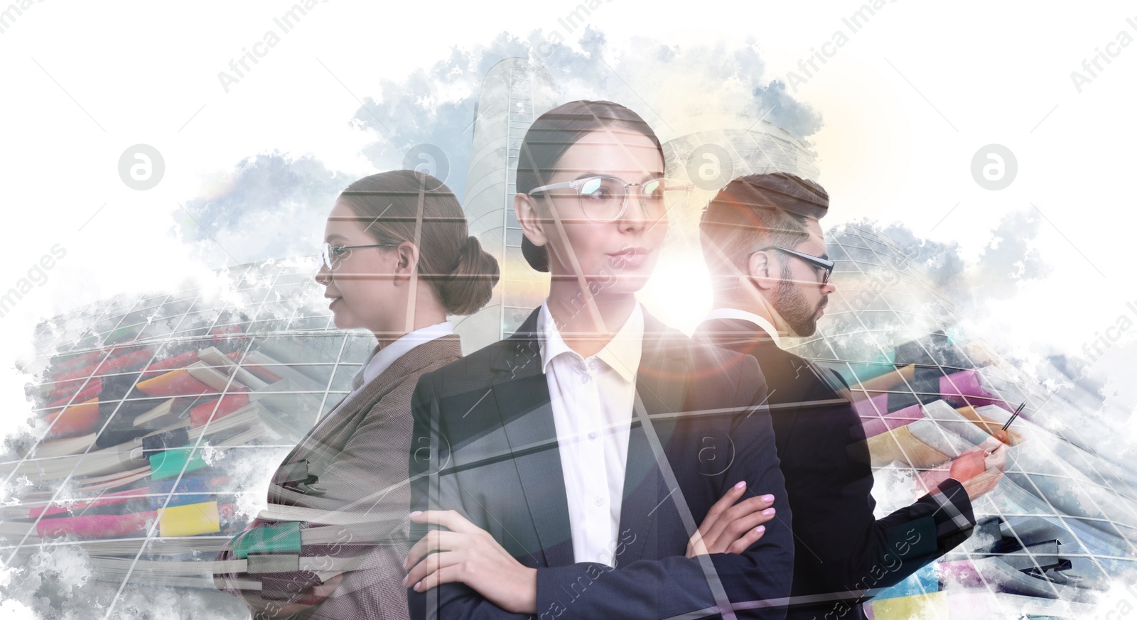 Image of Multiple exposure of business people, documents and cityscape. Banner design