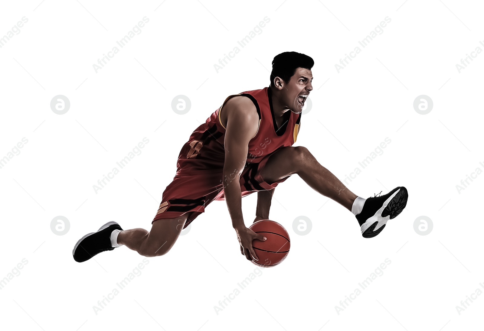 Image of Silhouette of professional sportsman playing basketball on white background