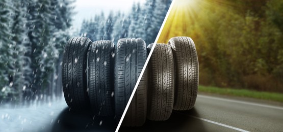 Image of Set of new winter and summer tires on asphalt road, collage . Banner design