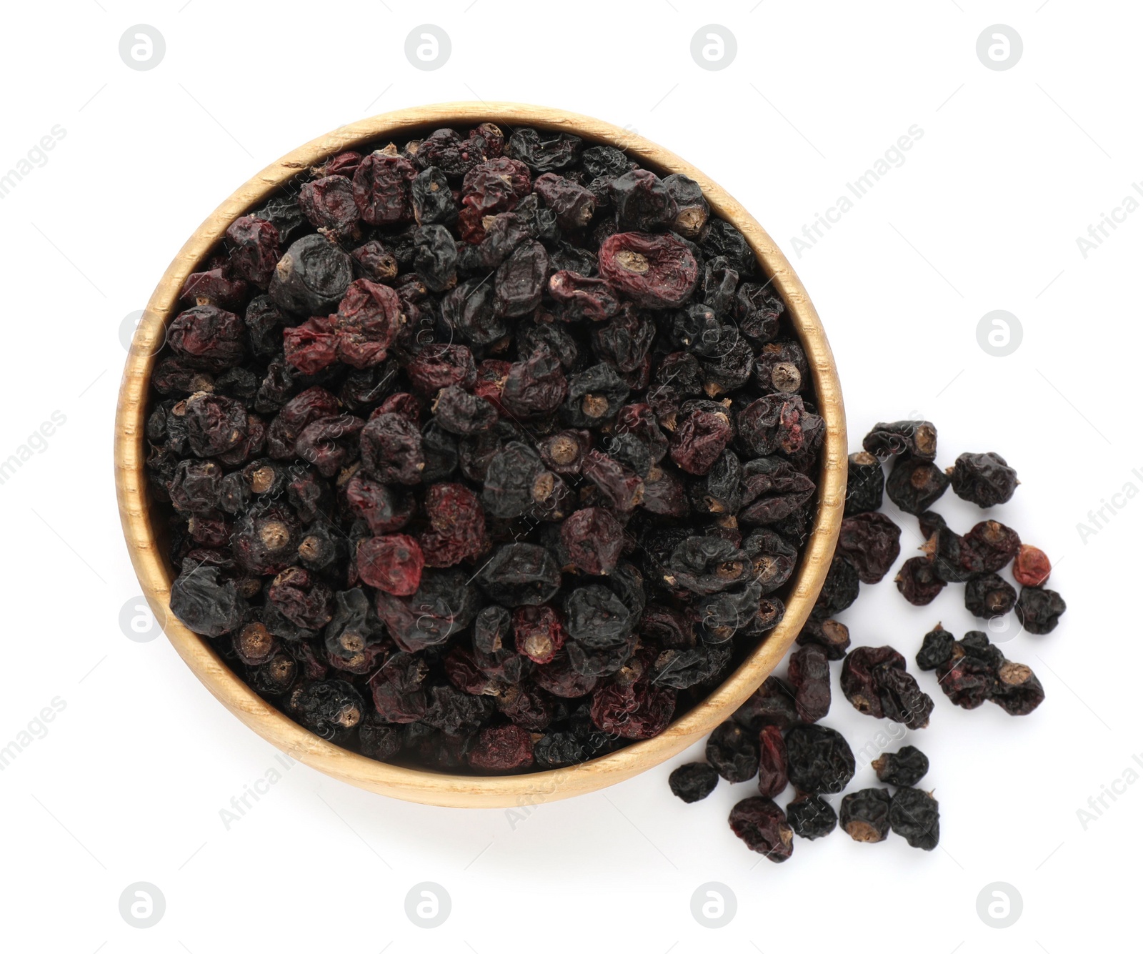 Photo of Bowl with tasty dried currants on white background, top view