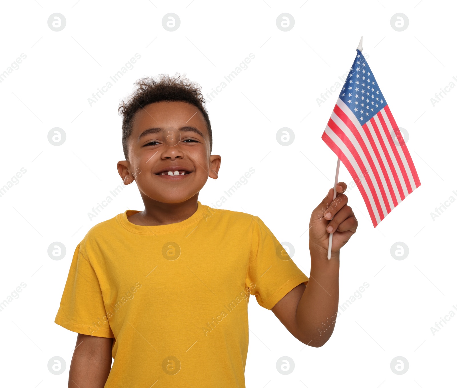 Photo of 4th of July - Independence Day of USA. Happy boy with American flag on white background