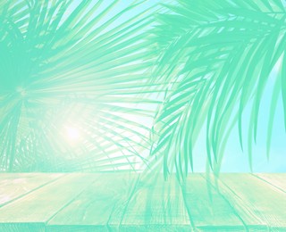 Image of Palm branches and wooden table against light background, toned in turquoise with fade effect. Summer party