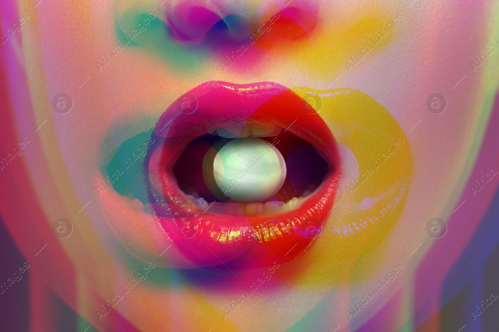 Image of Psychedelic hallucinations. Woman in altered state of mind, closeup. Glitch effect