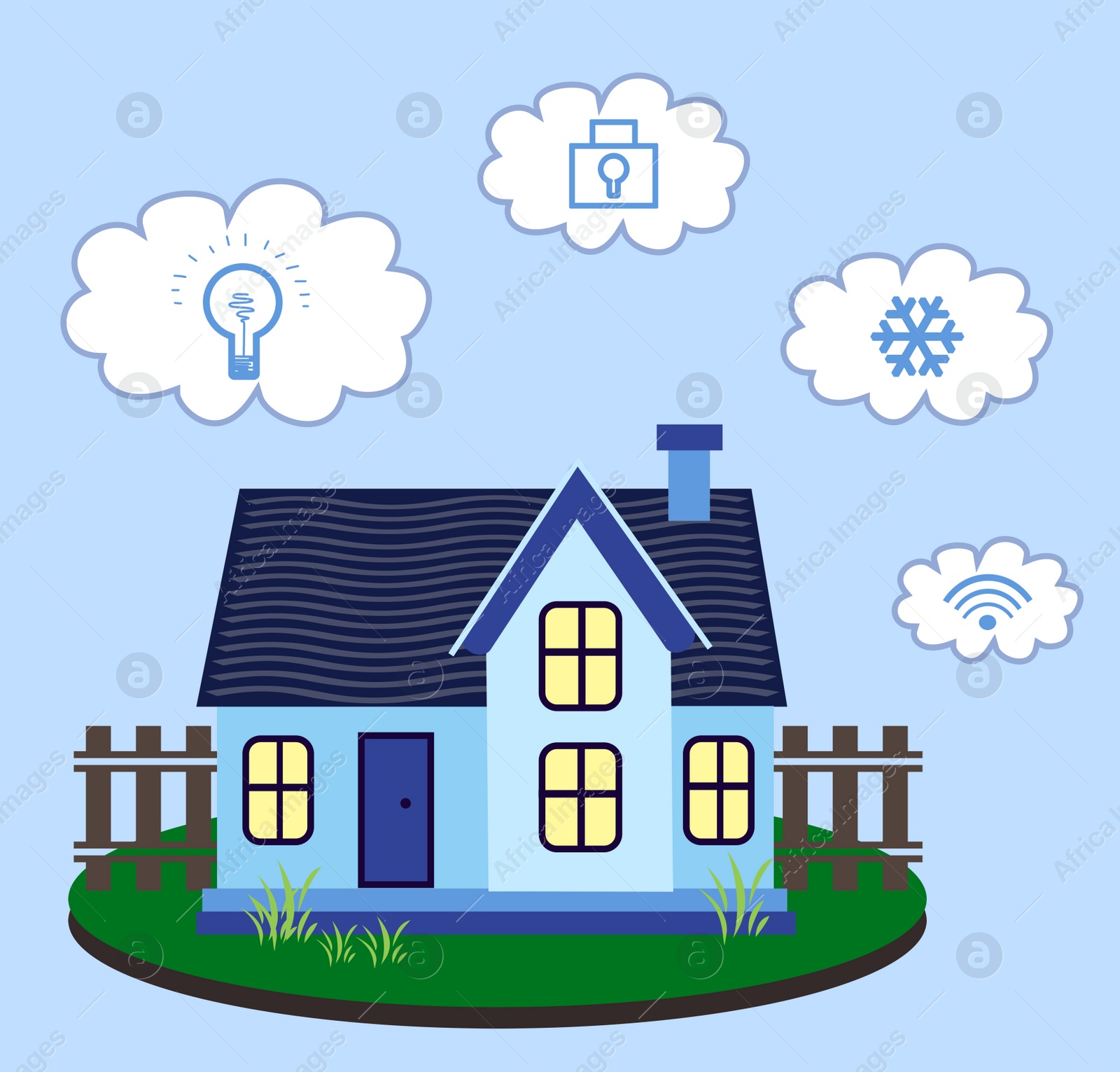 Image of Illustration of smart home technology with automatic systems and icons on light blue background