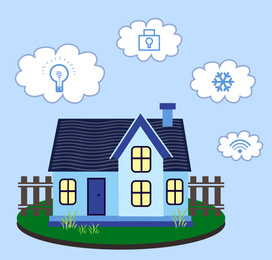 Image of Illustration of smart home technology with automatic systems and icons on light blue background