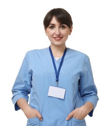 Portrait of smiling medical assistant on white background