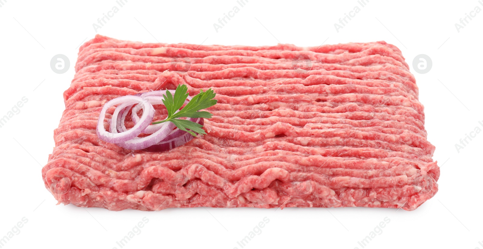 Photo of Raw ground meat, onion and parsley isolated on white