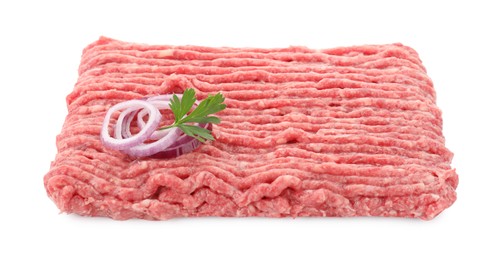 Photo of Raw ground meat, onion and parsley isolated on white