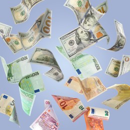 Image of Money exchange. Many dollars and euro banknotes falling on light blue background