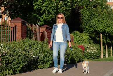 Photo of Woman walking with her cute Chihuahua dog on sidewalk outdoors