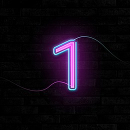 Image of Glowing neon number 1 sign on brick wall