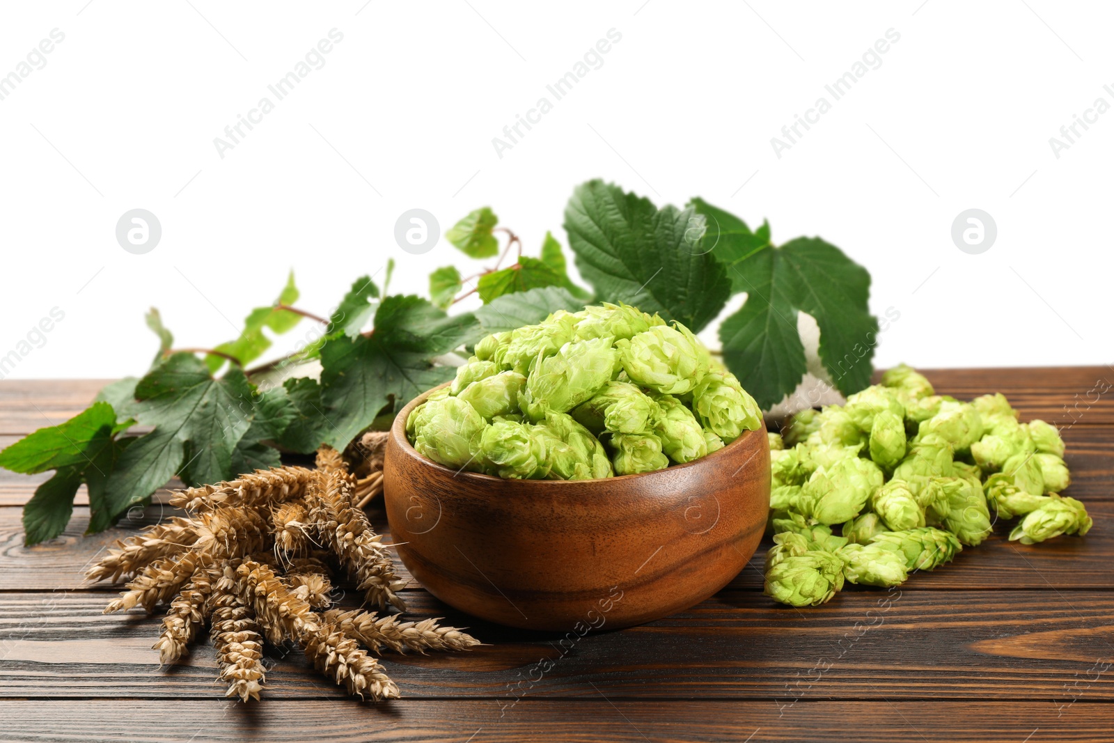 Photo of Fresh hop flowers and wheat ears on wooden table against white background