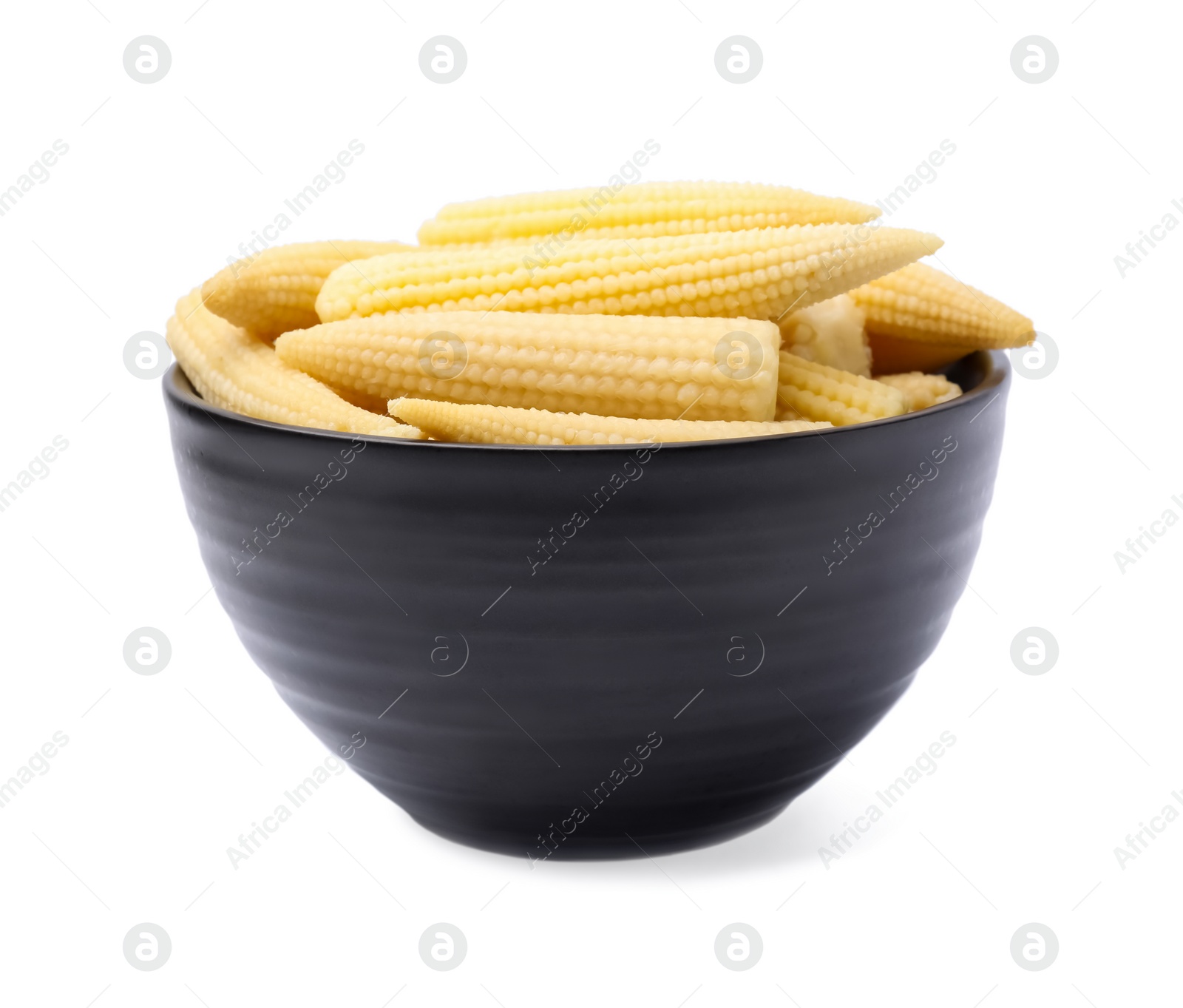 Photo of Bowl of pickled baby corn isolated on white