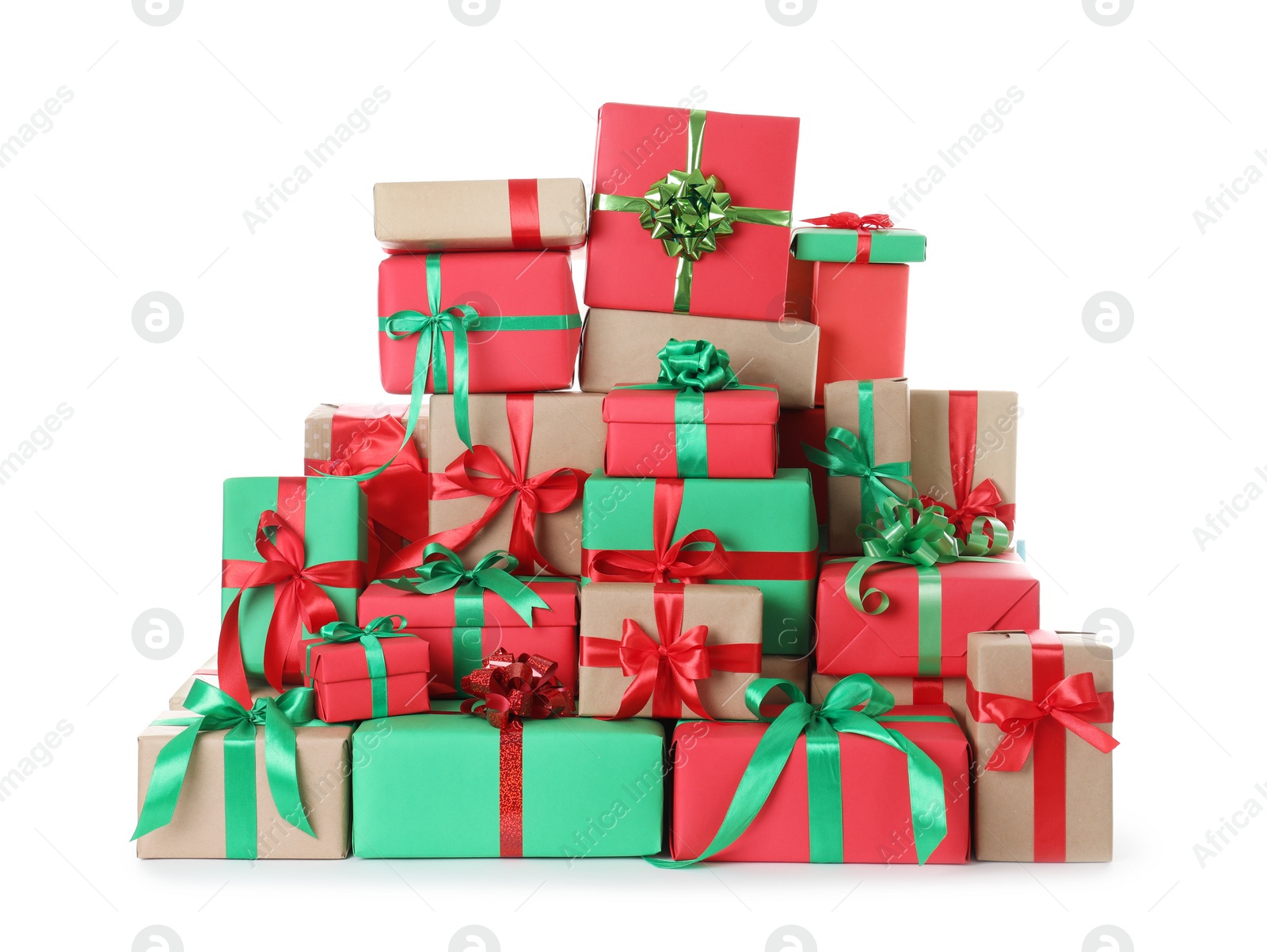 Photo of Many different Christmas gift boxes isolated on white