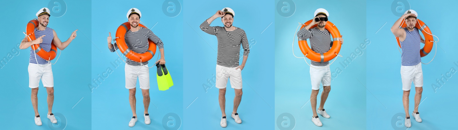 Image of Collage with photos of sailor on light blue background