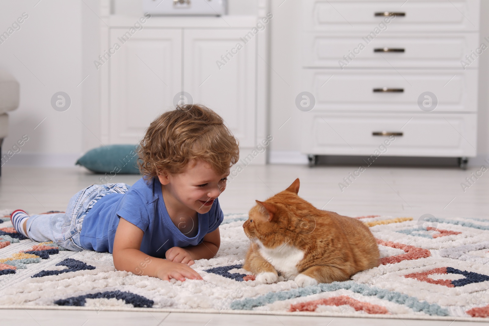 Photo of Happy little boy and cute ginger cat on carpet at home